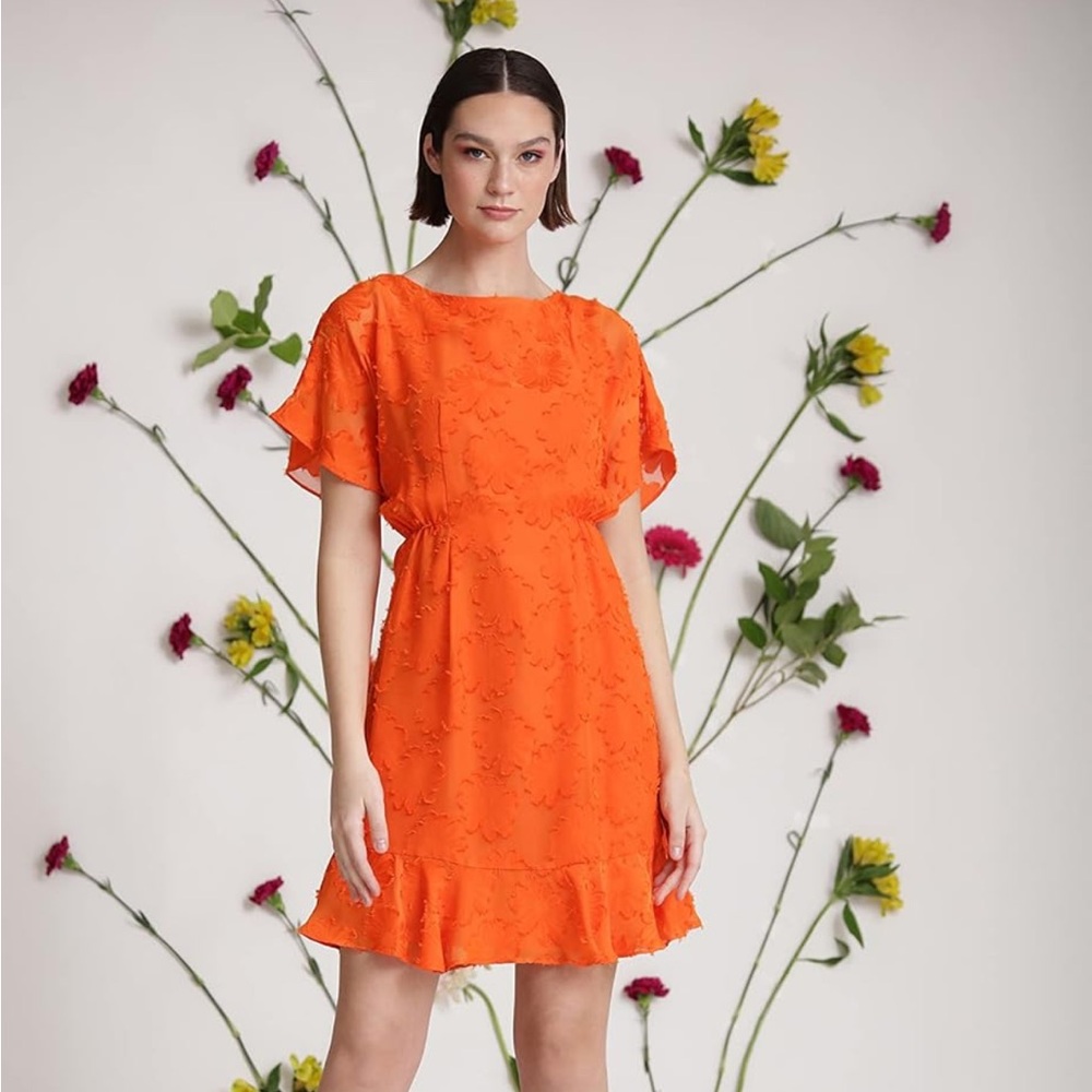 Donna Morgan Women's Boat Neck Kimono Sleeve Ruffle Hem Dress Size 16